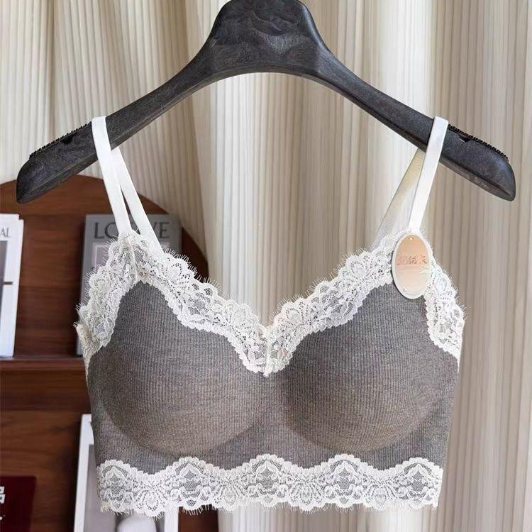 Women s Lace Splicing Plush Thermal Vest Bra with Palm Cup Support XL серый