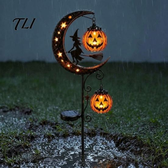 Glowing Pumpkin Landscape Lights Solar Halloween White Ghost Moon Garden Stake Light, Waterproof LED Automatic Powered Lamps Yard Decoration,
