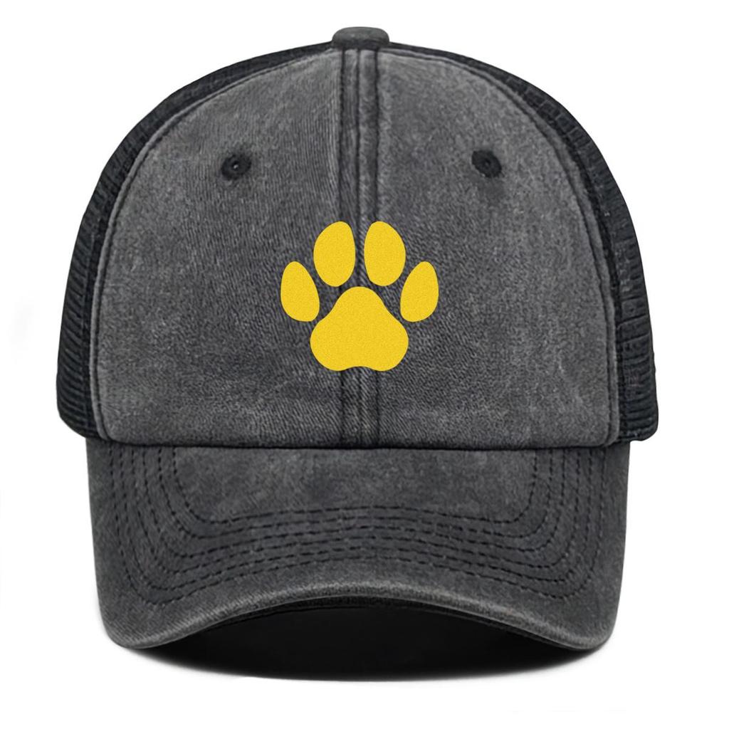 Golden Cat Paw Print Snapback Trucker Hat, Sports Hat Solid Color Curved Brim Retro Casual Adjustable Mesh Cap