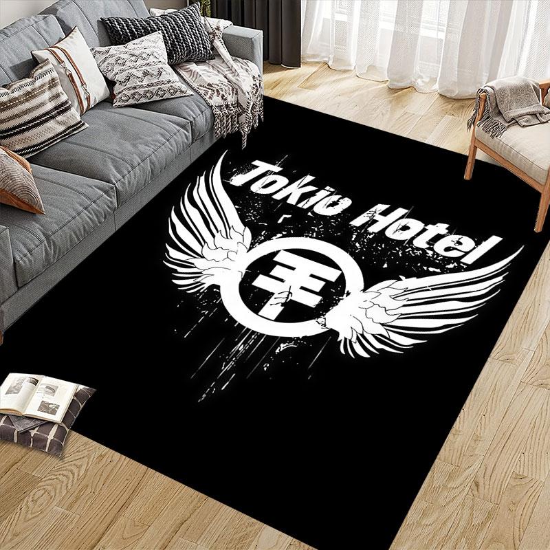 Tokio Hotel Flannel Printed Carpet, Home Sofa Decoration for Living Room & Bedroom, Non‑Slip Play Flannel Floor Mat for Game Room