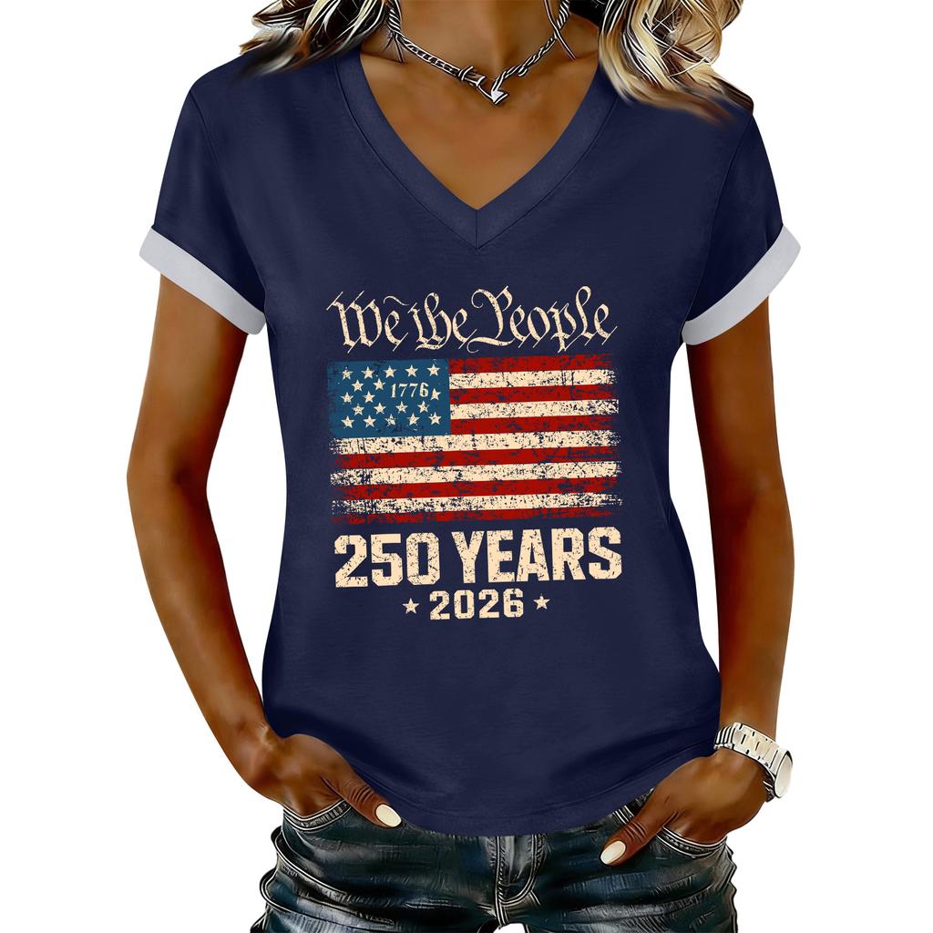 Women's Casual Printed T-Shirt V Neck Pullover Short Sleeve Top