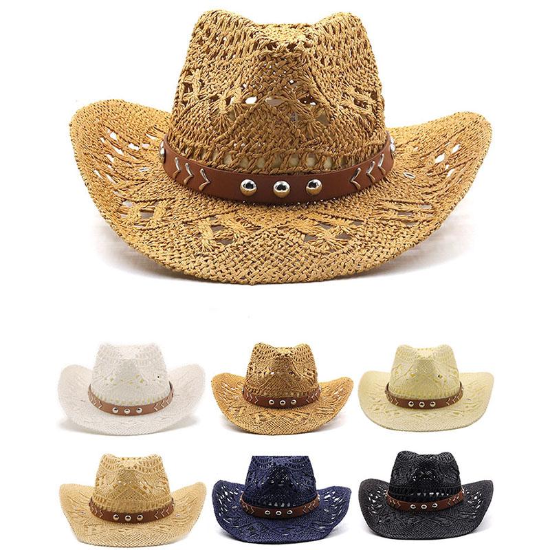 Trendy Vintage Summer Beach Bohemian Straw Hat Shell Women Men Western Cowboy Hats Wooden Beads Hollow Out Sun Hat Holiday Caps