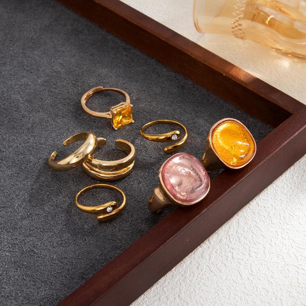 INS Style Resin Gemstone and Metal Rings: Fashionable Stackable Set with Smooth Surface and Diamond Inlays