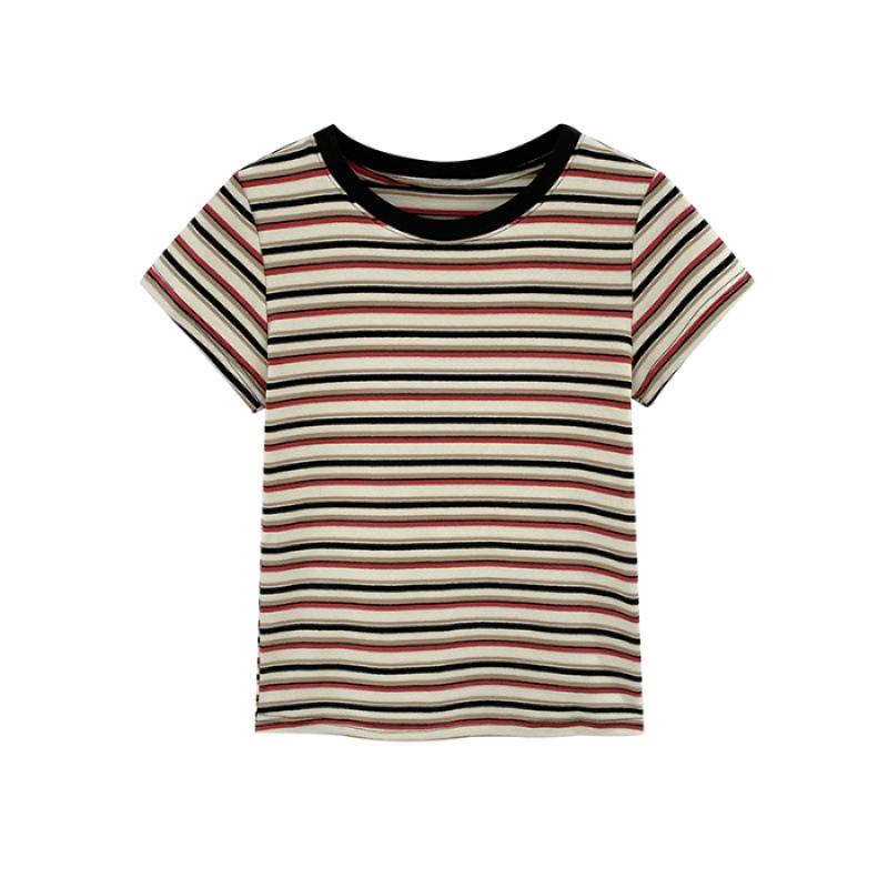 

Женская ретро облегающая полосатая футболка - Цветной блок, круглый вырез, короткий рукав Medium