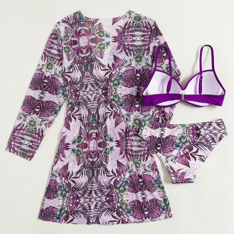 3 Pieces Bikini Sets Women Summer Sexy Floral Twist Low Waist Bikinis Cover Up Swimsuit Female Brazilian Beachwear Bathing Suit WBL