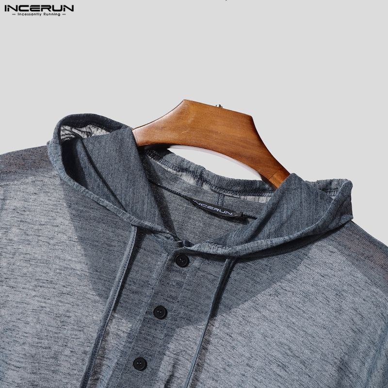 INCERUN Oversized Men Long Sleeve Transparent Loose Drawstring Hooded Tops T-shirts