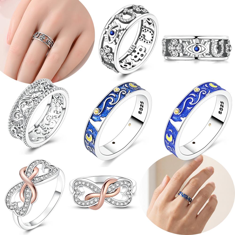 Blue Luminous Starry Night Ring Cross Infinity Love Heart Ring Original 925 Silver Valentine's Anniversary Fine Gift