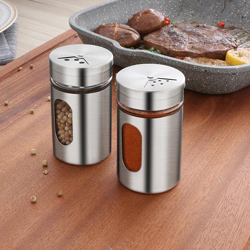 Rotating Lids Design Spice Shaker Stainless Steel Glass Seasoning Box Adjustable Kitchen Toothpick Pepper Organizer Salt Jar
