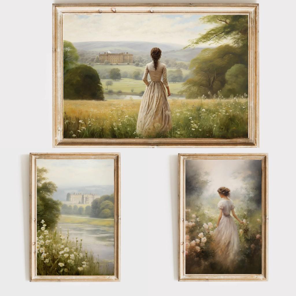 Pride and Prejudice Wall Art Print Canvas Oil Painting Elizabeth Bennet and Mr Darcy Cottagecore Posters Home Decor