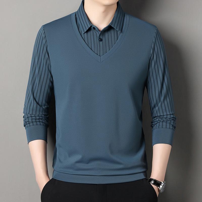 Fake Two-Piece Knitted Sweater Business Casual T-Shirt Loose Men'S Long-Sleeved Polo Shirt Base