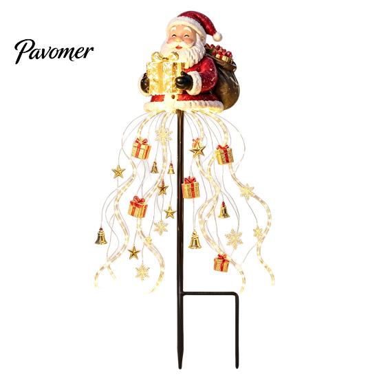 Winter Wonderland Yard Decor Solar Santa Claus Christmas Garden Light, LED Holding Gift Box Stake Decorative Pathway Lighting with Cascading