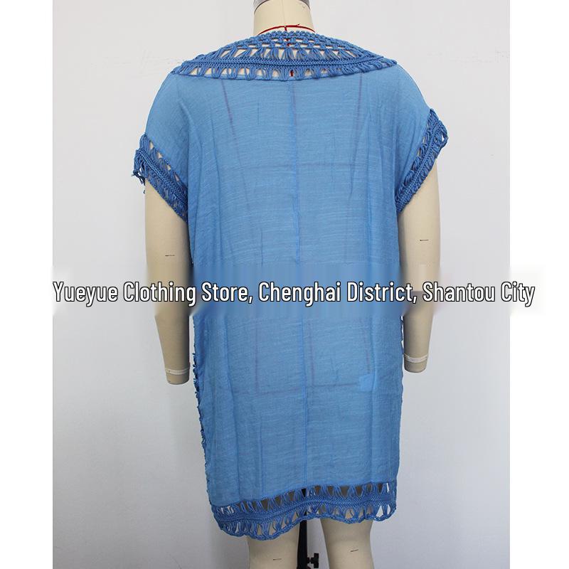 Cross-Border Solid Color Crochet Bamboo Patchwork Neckline Beach Cover-Up