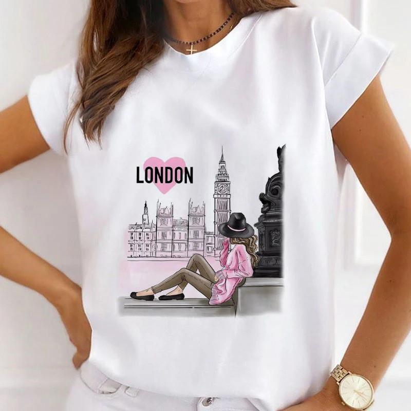 New European and American Fashion City Girl Trend Round Neck Short Sleeve Women's T-shirt Graphic T Shirts Tops
