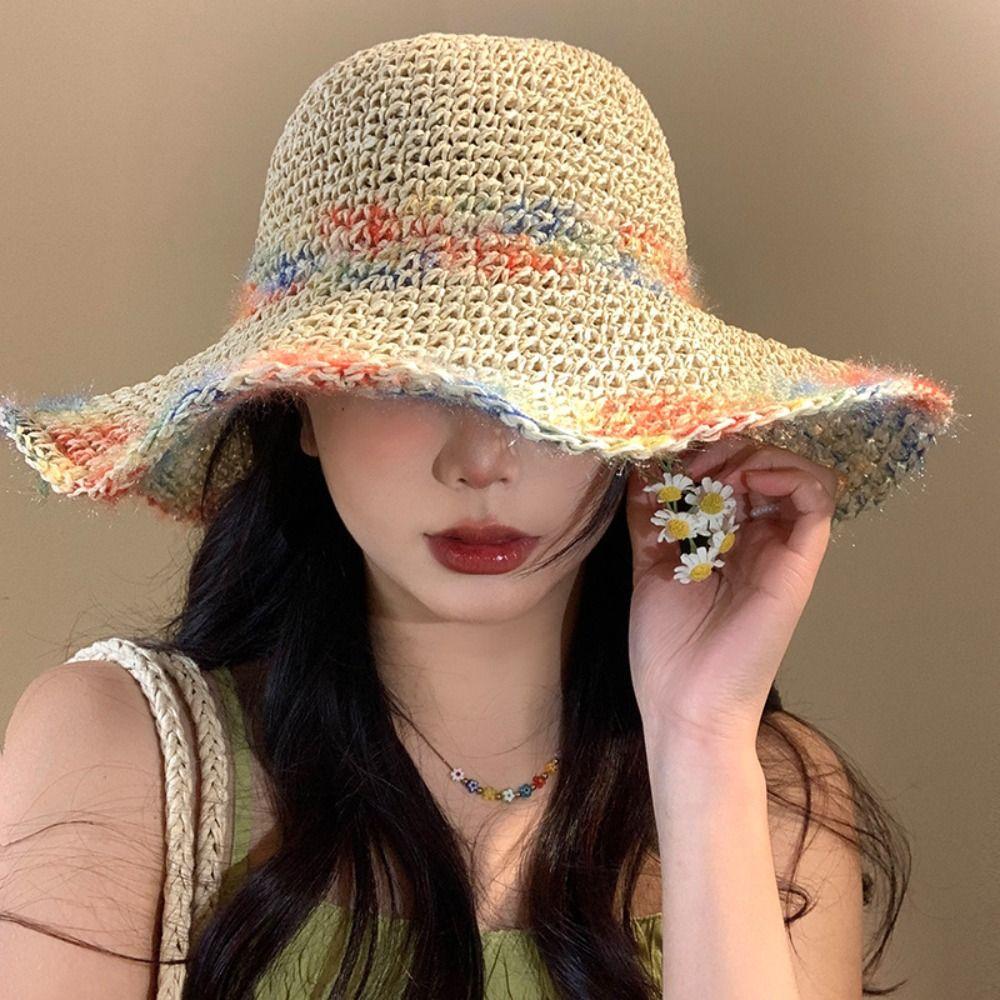 

UV Protection Lafite Straw Hat Boho Weave Straw Cap Sweet Woven Fisherman Hat Holiday