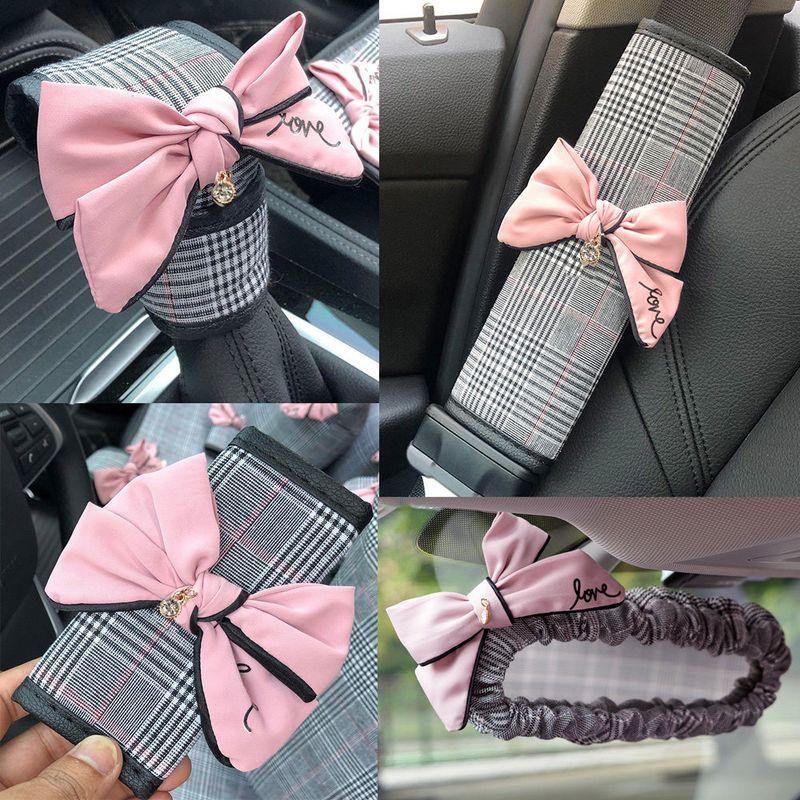 Bows Plaid Car Safety Belt Shoulder Pad Cover Handbrake Sleeve Gear Cover Rear View Mirror Cover Car Interior Decoration Suit Women