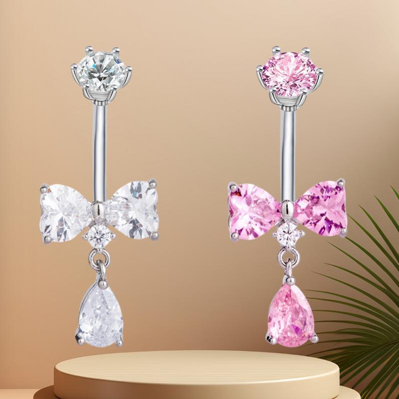 Sweet  Bowknot Heart Navel Ring For Women Girl Exquisite Shining Zircon Belly Button Ring Sexy Body Piercing Jewelry Gift