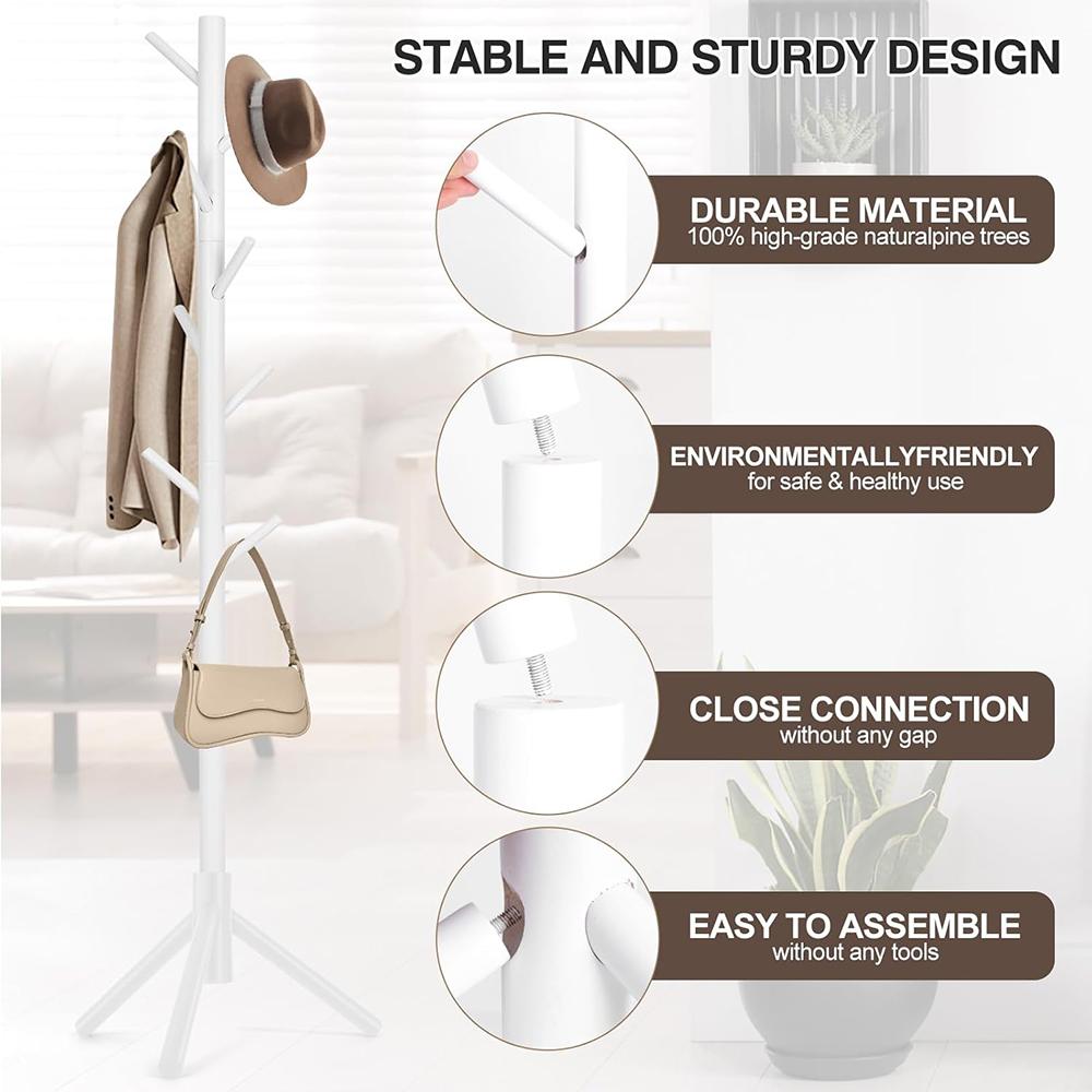 Coat Rack Freestanding Coat Rack with 8 Hooks and 3 Adjustable Size Tree Coat Racks for Bedroom Hallway Entrance Office for Hats