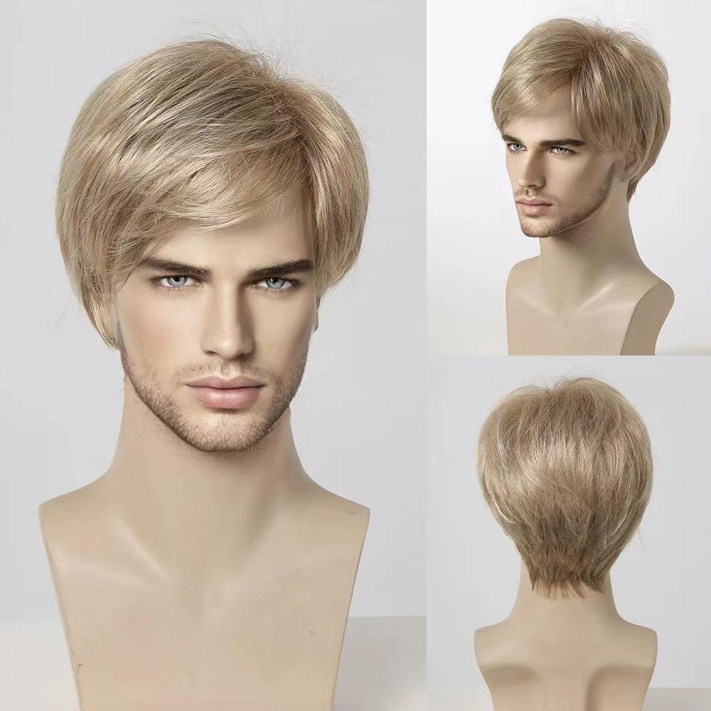 

Brown Short Straight Synthetic Wig, Men s Layered Wig with Bangs for Daily Wear золотистий