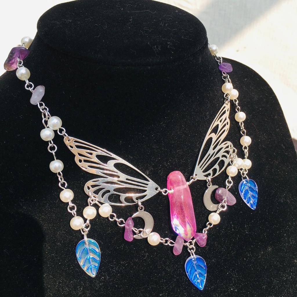 Handmade Natural Crystal Angel Necklace Butterfly Wing Pendant Necklaces Multi-Layer Tassels Choker Clavicle Chain Gift