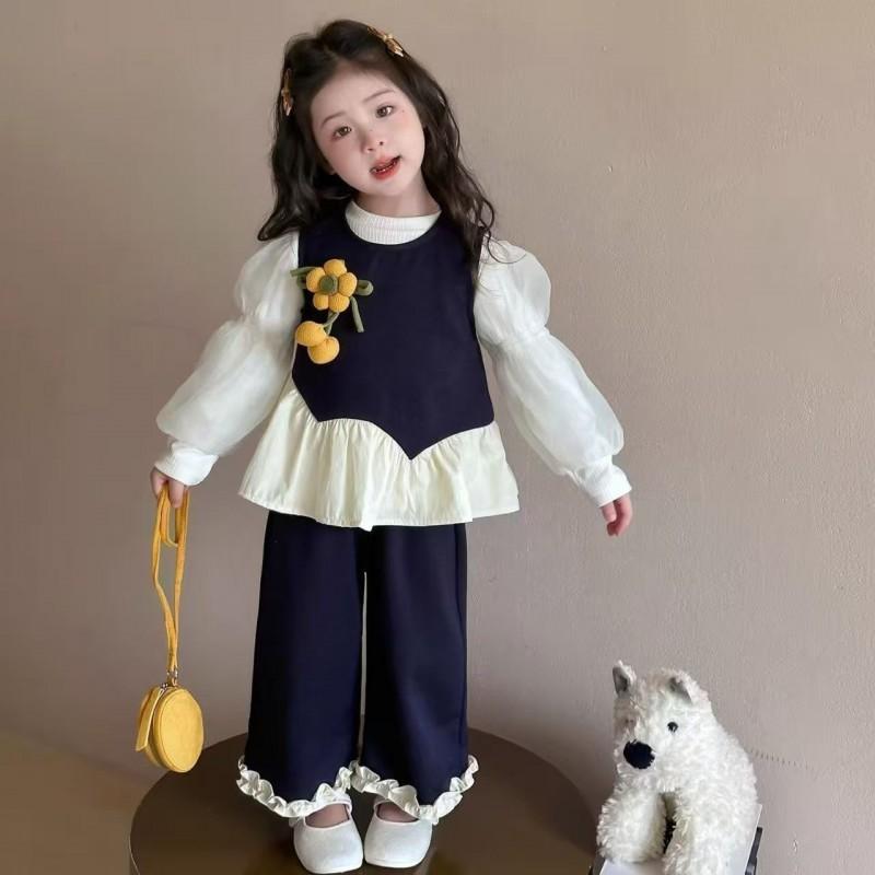 Girls 3-piece Outfit Set Korean Style Tweed Vest T-shirt Pants Kids Casual Fashion