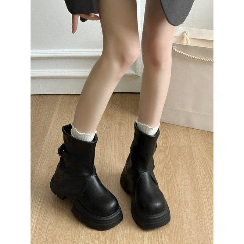 2025 Autumn and Winter New Niche Retro Thick-soled Pleated Trouser Tube Boots Heightened Short Boots Versatile Casual Martin Boots