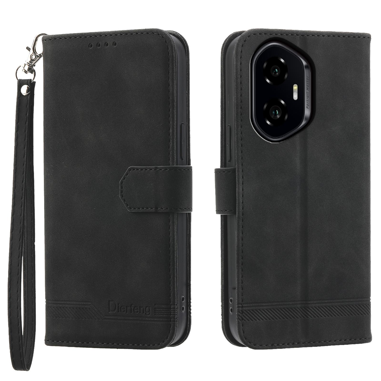 

DIERFENG DF-03 For Honor 300 Leather Case Lines Imprint Wallet Phone Cover Black