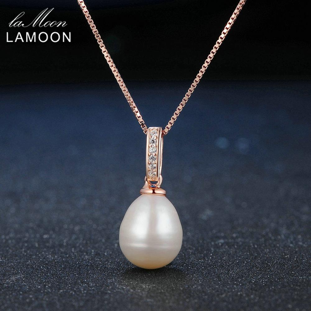 LAMOON Freshwater Pearl 925 Silver Pendant Necklace For Women Rose Gold Plated Pearl Necklace Fine Jewelry LMNI047 8-9mm