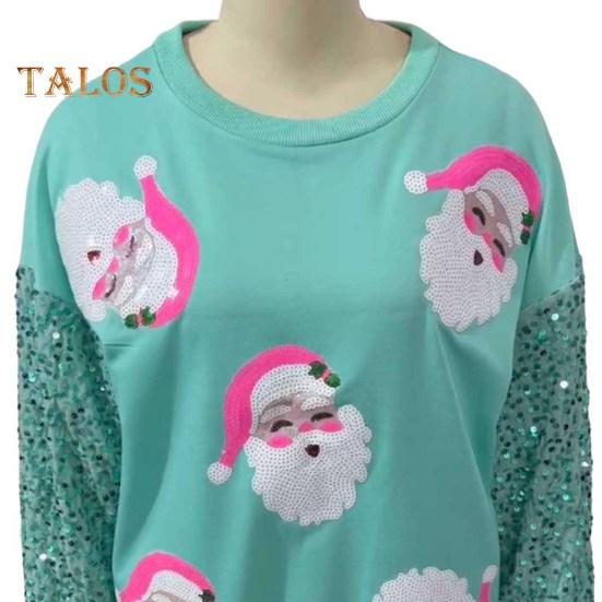 Weihnachts-Sweatshirt für Damen, Pailletten, Cartoon-Muster, Rundhalsausschnitt, lange Ärmel, lockerer Pullover in mittlerer Länge, Party, Urlaub, Top