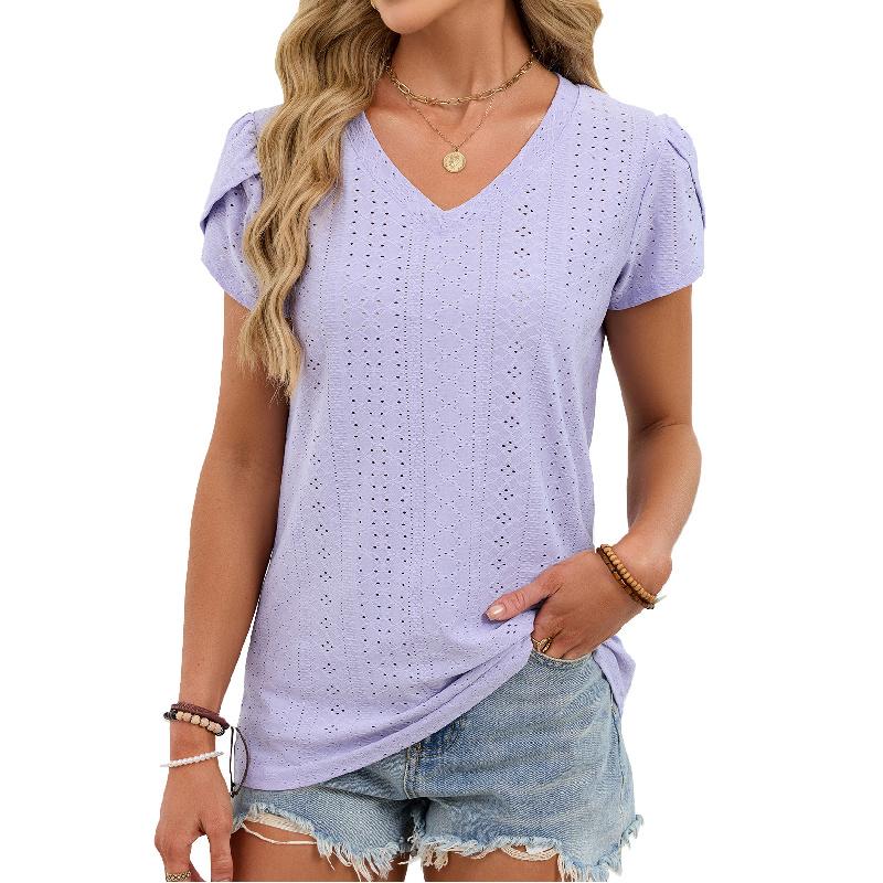 2026 Summer New Solid Color V-Neck Short Sleeve Loose Casual T-Shirt for Women