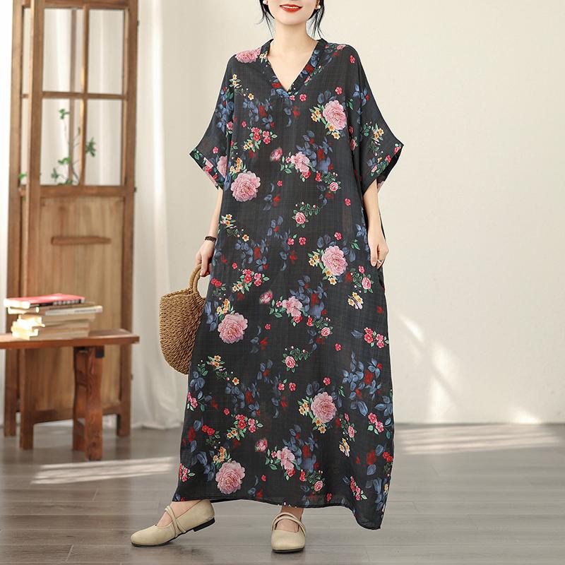DIMANAF New 2026 Women Plus Size Spring Summer Beach Vintage Floral Print Black Long Dress Loose Oversize Maxi