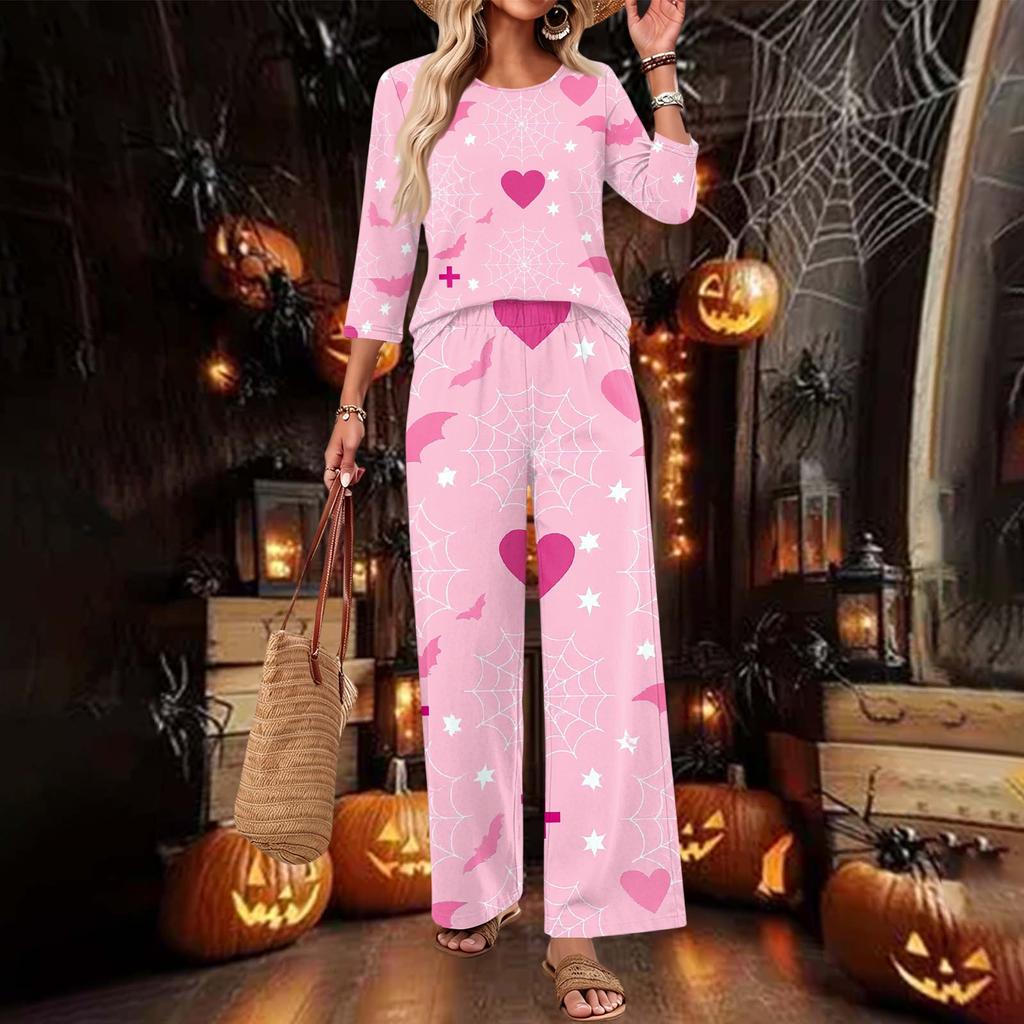 Women's Casual Two-Piece Set Round Neck 3/4 Sleeve Loose Fit Top and Pants for Everyday Wear