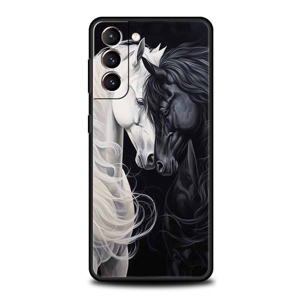 Black White Horses Galloping Phone Case For Samsung Galaxy S26 Ultra S25 Plus S24 FE S23 S22 5G S21 S20 Cover Black Soft