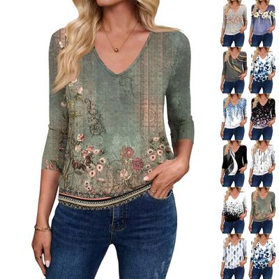Women's Fashion Casual V-Neck Three-Quarter Sleeve Print Top