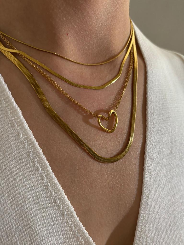 GHIDBK Minimalist Stainless Steel 1mm 2mm 4mm Flat Snake Chain Hollow Heart Pendant Necklace for Women Fashion Stackable Zircon