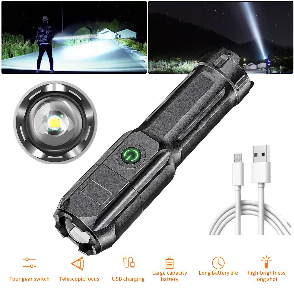 USB Rechargeable Led Flashlight Telescopic Zoomable Tactical  Torch Portable Spotlight Long-Range Flood Camping Flashlights
