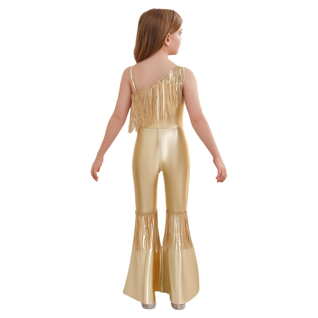 Kids Sparkly Jumpsuit Off-shoulder Sleeveless Sequin Tassels Flared for Pageant Show