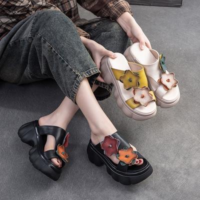 Hakiki Deri Moda Çiçek Kalın Taban Peep Toe Terlik Açık Slaytlar kadın Platform Ayakkabılar