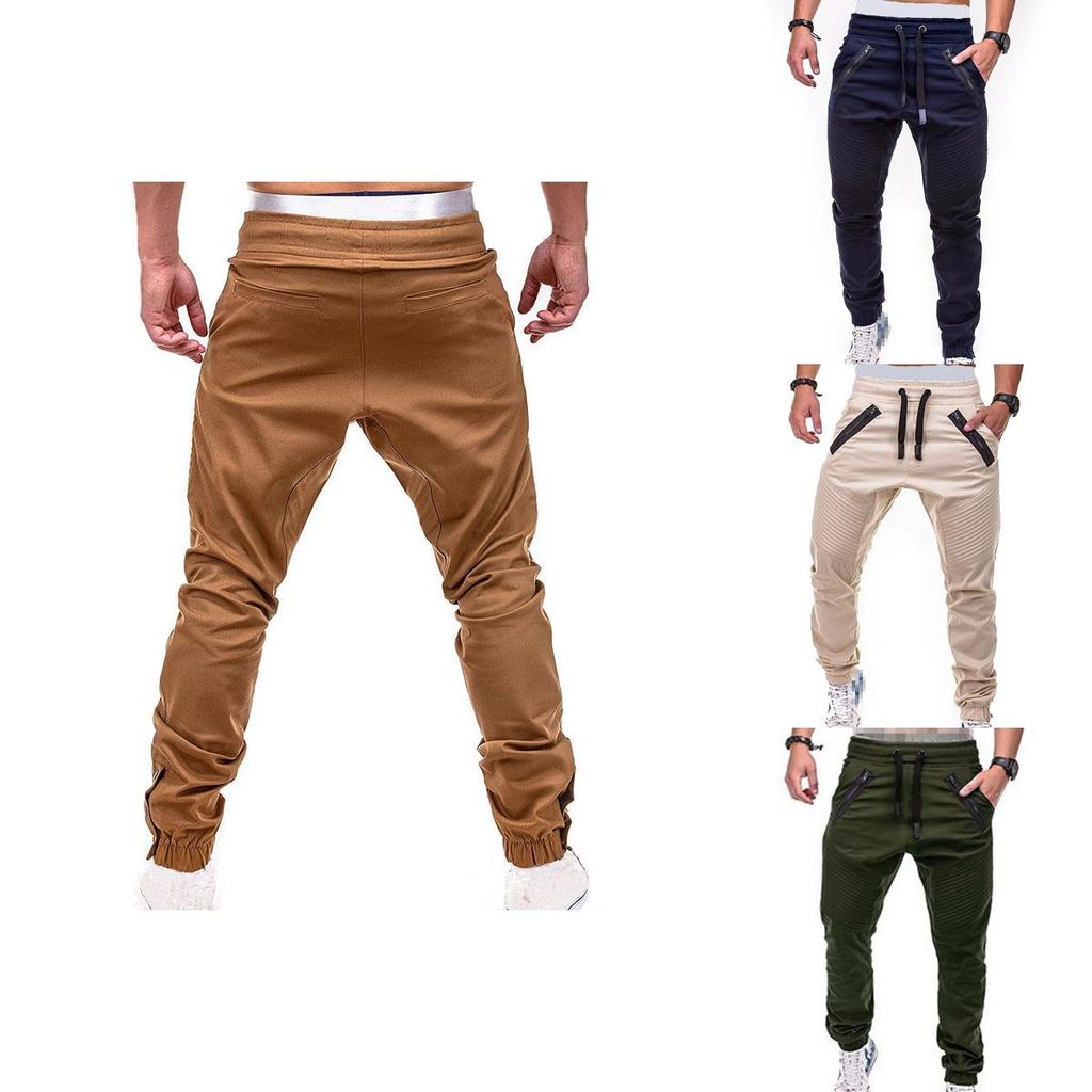 Men's Slim Fit Cuffed Trousers With Adjustable Waist And Multiple Pockets