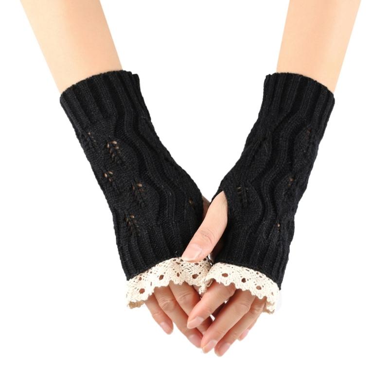 Lace Arm Sleeves Slouchy Y2K Warm Knit Gloves for Women Girl Casual Hand Warmers