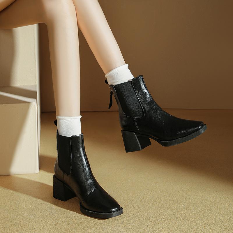 High-heeled Short Boots 2025 Winter New Thick-heeled Brown Boots Women's Medium Boots Fashion Square Head Elastic Women's Leather Boots