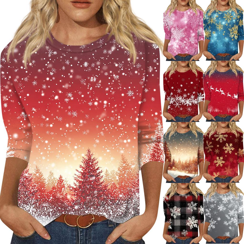 Women's Fashion Casual Christmas Tree Printed Round Neck Three-Quarter Sleeve T-Shirt Top