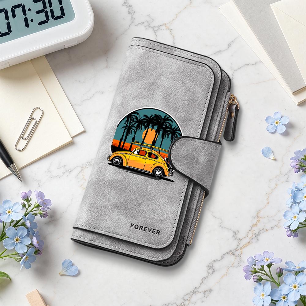 Vintage Palm Beach Car Printed Long Fashion Wallet for Daily Use