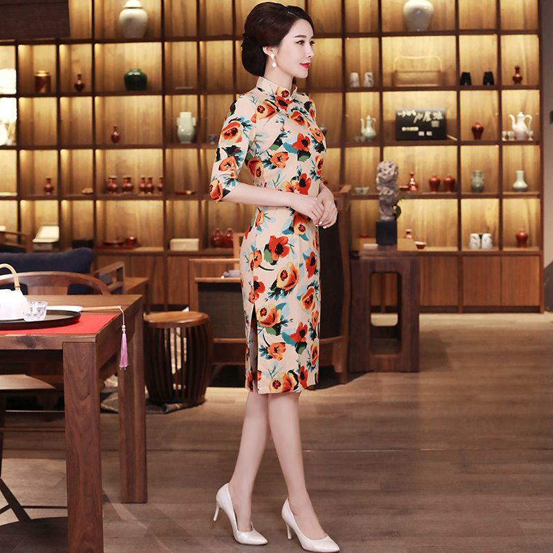 Chinese Style Cheongsam Retro Mid-length Improved Cheongsam Temperament Short-sleeved Dress