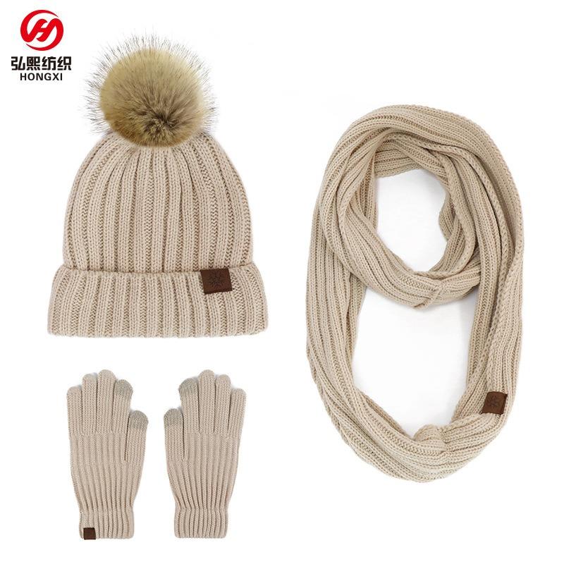 New product winter adult women's hairball knitted hat scarf gloves three-piece outdoor warm scarf set