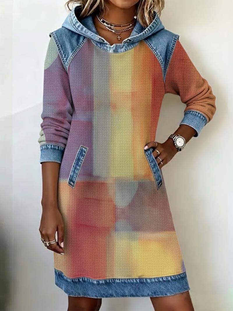 

Elegant Women s Retro Print Denim Hoodie Dress - Soft and Comfortable Patchwork Design M
