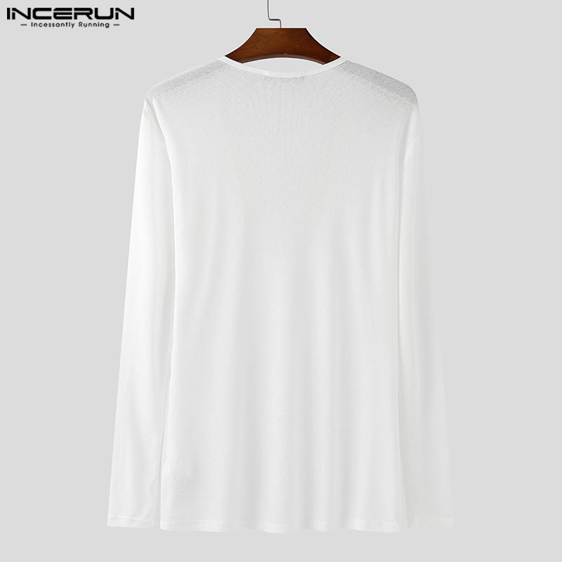INCERUN Men Beading Low Cut Neck Long Sleeve Fitted Tops T-shirts Undershirts