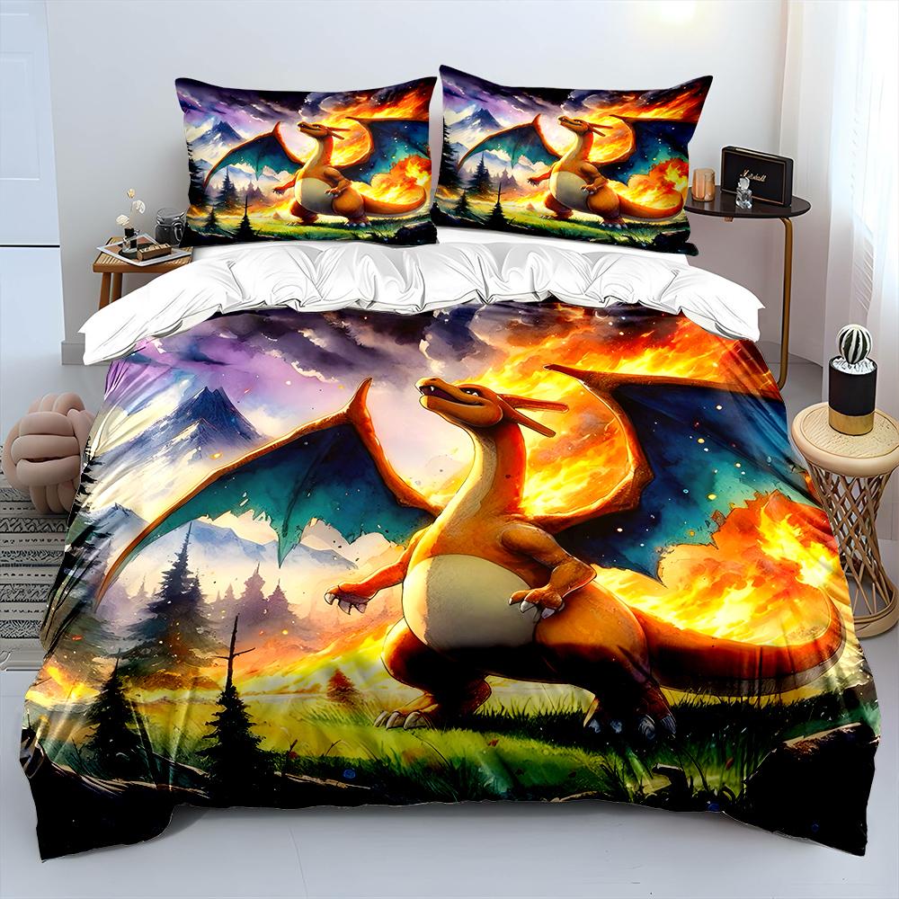 Pokémon Charizard Print Bedding Set Children 3 Pieces King Size Bed Set Pillowcase Adult Child Bed Cover Bedroom for Gifts