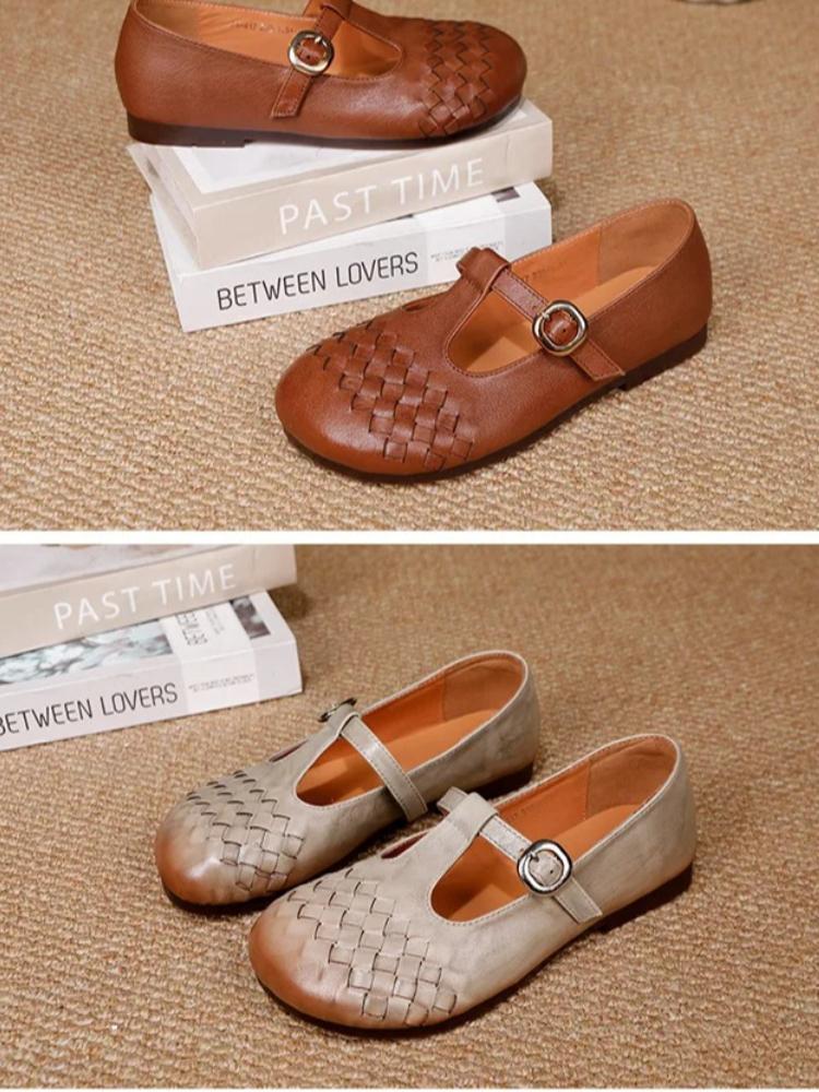 Johnature Pánské boty z pravé kůže, tkané, měkká podrážka, retro přezka, univerzální dámské baleríny