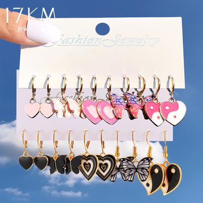 Set di orecchini neri con farfalla rosa a forma di cuore, orecchini a forma di simpatico cartone animato per le donne, orecchini pendenti neri, gioielli alla moda