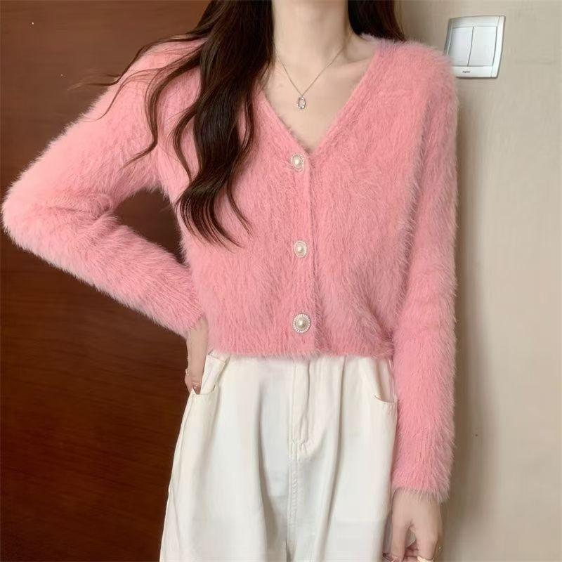 V-neck Faux Mink Velvet Short Knit Cardigan - Women's Autumn/Winter Outerwear